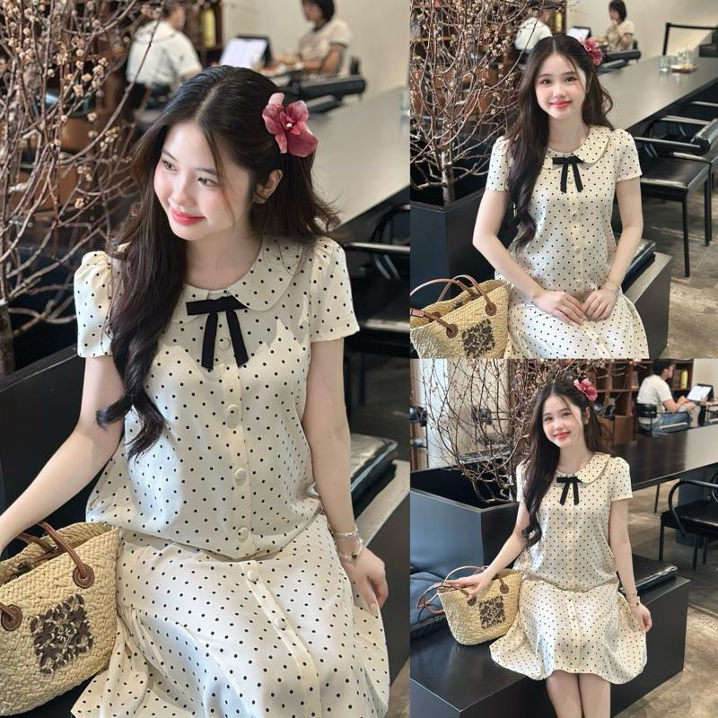  Đầm bầu Tracy chấm bi cổ sen nơ đen lớn phối nút bọc thanh lịch cho mẹ mang bầu và sau sinh 