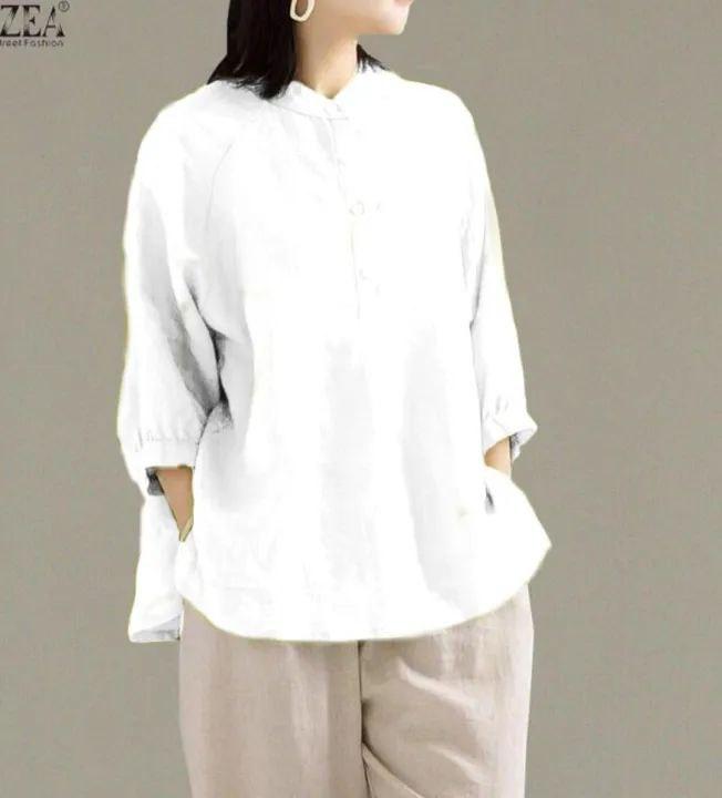Blouse Wanita Jumbo katun linen Kerah Shanghai Kemeja Lengan 3/4 baju  Atasan Linen Oversize Casual Santai Terbaru 4
