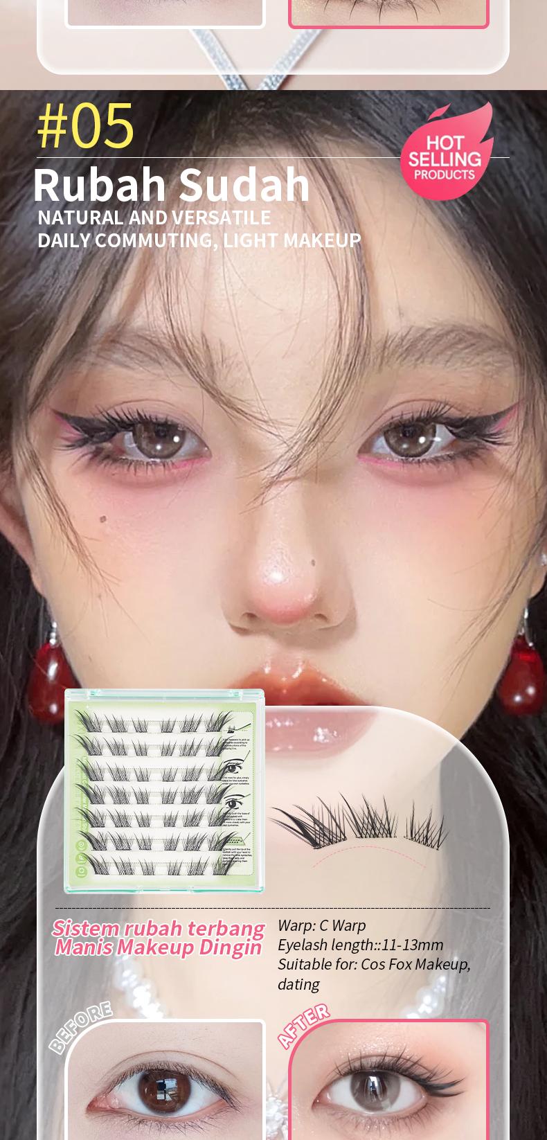 ZhiXian Bulumata palsu pemula bebas lem tidak perlu menggunakan lem bulu mata palsu dapat digunakan kembali Eyelash extension set C Curl False Eyelash Length 10-12 mm