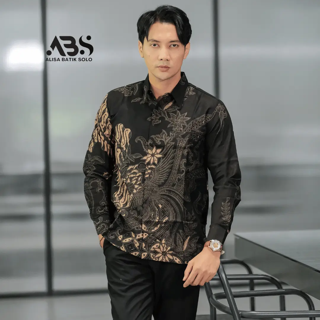ALISA BATIK SOLO | Parangseling Kemeja Batik Kain Katun Lengan Tangan Panjang Batik Pria Hitam Lengan Panjang Formal Nyaman Kondangan Kerja Best Seller Baju Fit Cowok Slim Kantor Casual