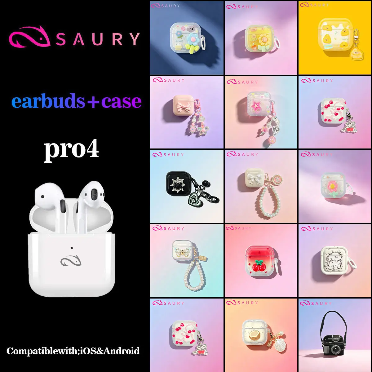 Tai nghe không dây Bluetooth Saury Pro4 (Kèm ốp miễn phí), tích hợp micro, tương thích với iPhone và Android, tai nghe TWS InPods