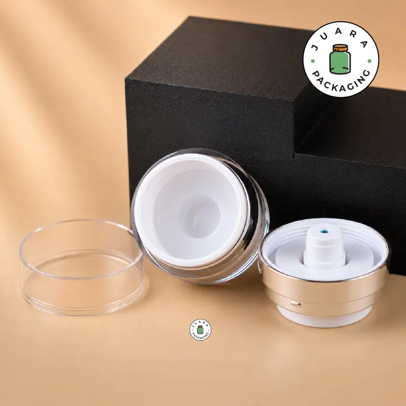 Pot Cream Airless 30ml Bahan Akrilik dengan List Silver & Pump – Wadah Kosmetik Elegan untuk Skincare, Krim Wajah, Lotion, Serum, Kemasan Refill Jar Premium 30 ml