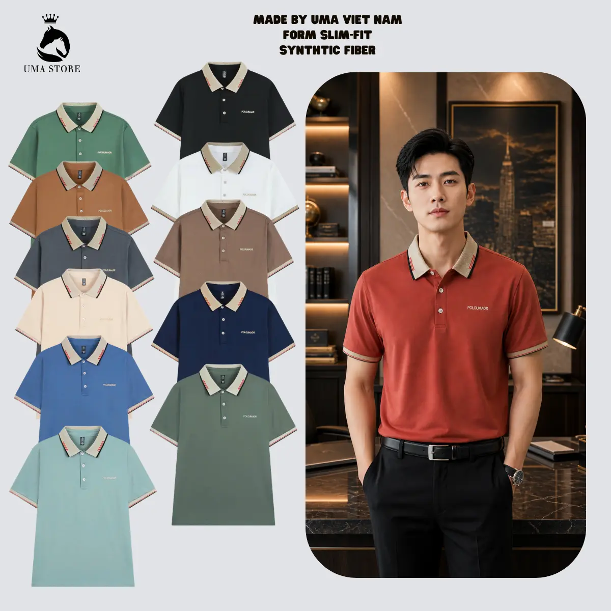 Combo 3 Áo Thun Polo Cổ Bẻ Chất Vải Cá Sấu Poly Thái Thêu Hình Chữ POLOUMA, sang trọng - lịch sự - đơn giản,- Miễn Phí Vận Chuyển Toàn Quốc