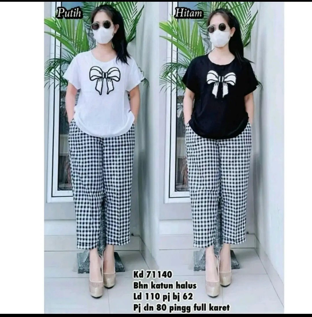 Monalisa setelan one set wanita untuk remaja dewasa bahan crinkle airflow kombinasi katun kotak 1cm ukuran ld 110cm muat sampai BB 40-70kg variasi sablon DTF Baju murah fashion muslim terbaru terlaris modis keren dan viral 2025 Atasan Celana Panjang Motif