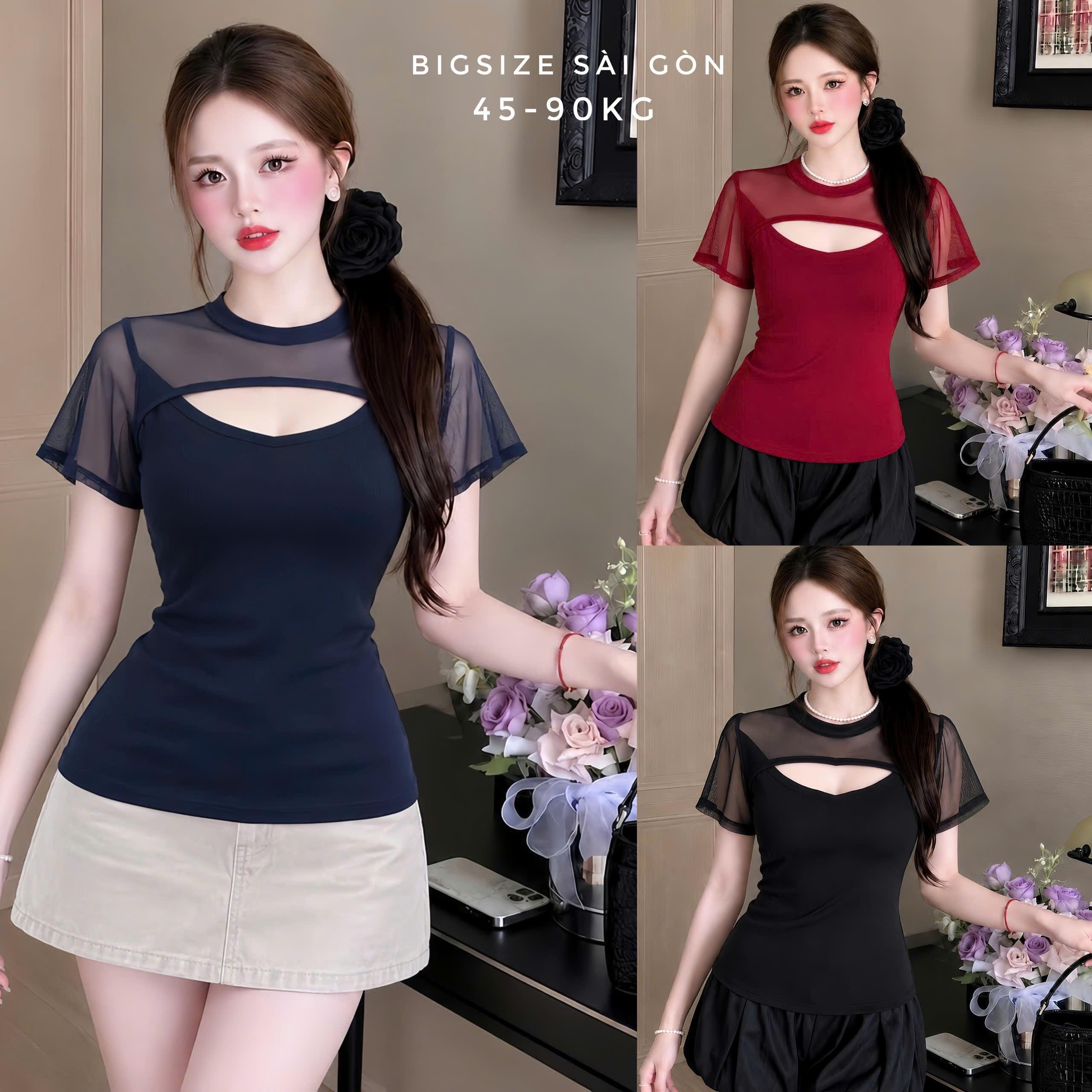 Áo Thun Nữ Borip Phối Lưới Khoét Vòng 1 – Form Ôm Co Giãn Size 45–90kg Bigsize Sài Gòn - A.1889