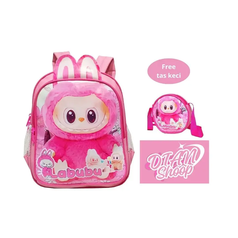 Tas Ransel LABUBU Tas Anak perempuan Sekolah PAUD TK SD Tas Ransel 2 in 1 Karakter LABUBU FREE Tas Slempang Bulat - Merah Muda 0