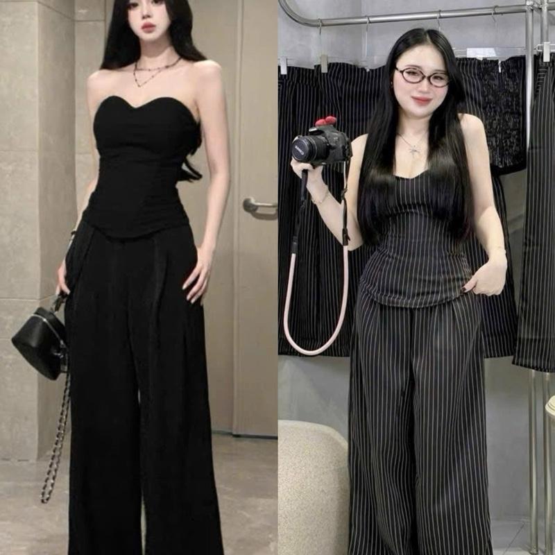 Mèo Mỡ Bigsize — Set bộ cúp quây ngực bo chun sau lưng kèm quần ống suông bigsize thiết kế 55-95kg