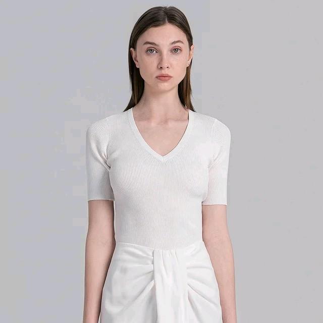 Atasan wanita V-Neck Lengan pendek kaos rip kaos rajut wanita 6