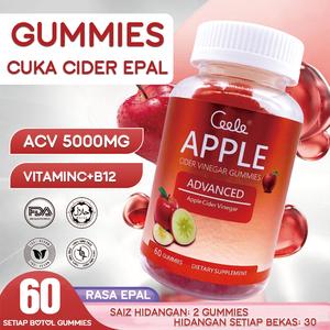Gummies Cuka Epal, Vegan, ACV, dengan Asid Folik, Vitamin B6, B12, Delima dan Ubi Bit, 60 kiraan, Suplemen Jus Kesihatan