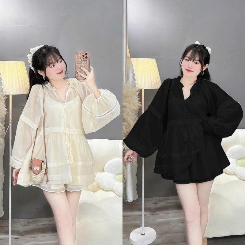 BIGSIZE HIẾU HIẾU (55-95KG) - Set bộ 3 món voan tơ Áo babydoll cổ chuông + Quần đùi dáng ngắn S549