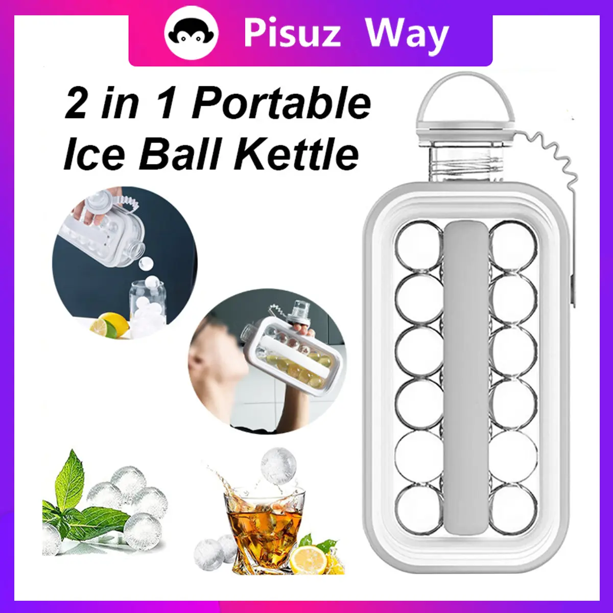 [Pisuz Way] Ice Ball Maker Round Sanitary Ice Cube Tray 2 in 1 Portable Ice Ball Kettle Pop Ice Cube Molds Makes 17 Ice Balls BPA&Free Cold Drinks Quick Freezer water bottle