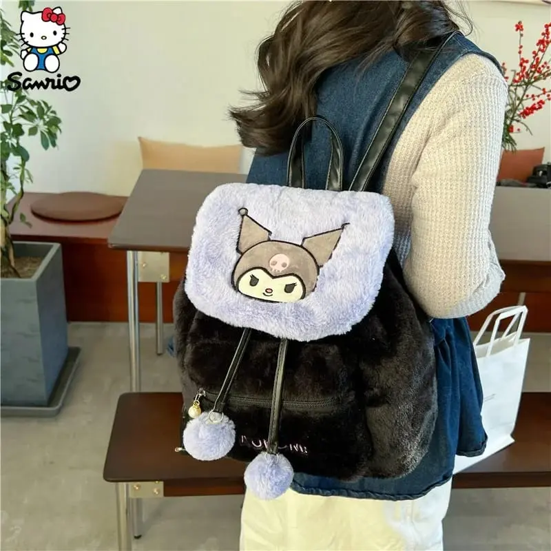 Tas Ransel Serut Boneka Bulu Sanrio Kawaii - Tas Ransel Premium Bulu Sannrio Tutup Depan Serut. 5