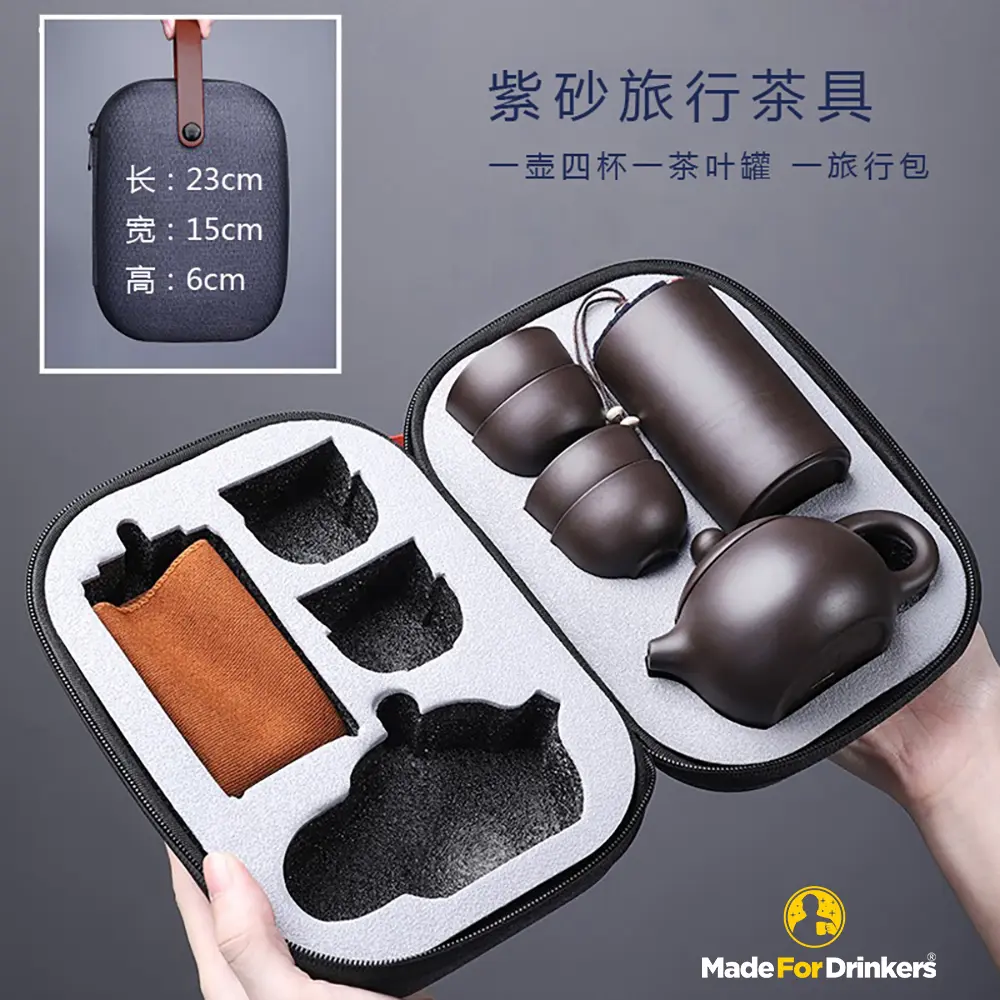 [Made For Drinkers] Premium Portable tea pot | Travel Tea Set | Purple Clay Tea Pot and 4 Teacups with Travel Bag Leaf