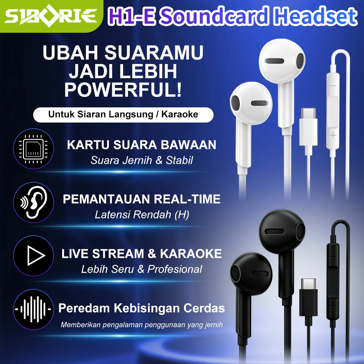 Siborie H1-E Soundcard Headset Kabel Bluetooth Jack Type-C Mikrofon Jernih Untuk Live Siaran Langsung Nyanyi Rekaman Audio Pemula Vlogger