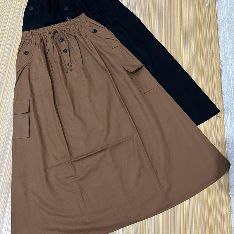 Yoorah Skirt Rok cargo wanita bahan katun cigaret  Hitam pakai Serut pinggang rok Dewasa Casual Bawahan rok Panjang Variasi Kancing Nyaman 2
