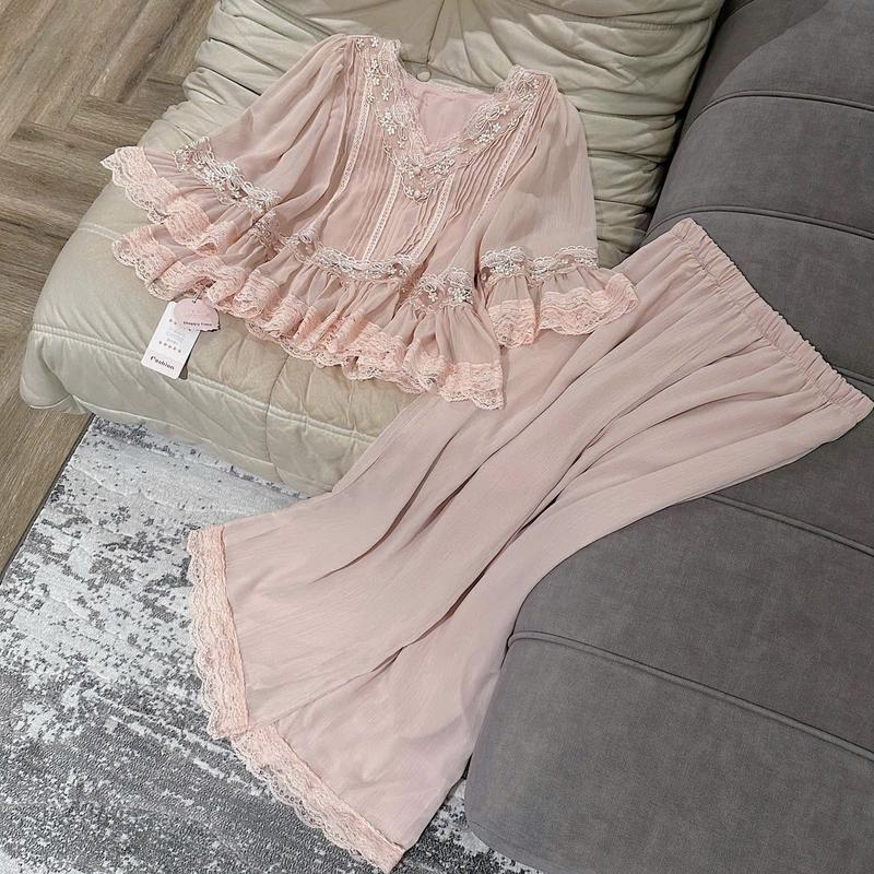 N478- Pijama tiểu thư voan tơ bèo tay lỡ công chúa hàng quảng châu - Bộ ngủ mặc nhà hàng quảng châu cao cấp cho nữ