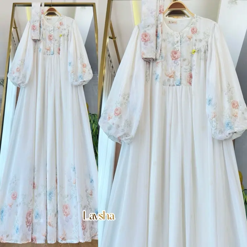 Lenora Set Hijab Gamis Wanita Muslim Ceruty Babydoll Printing Motif Kancing Menyusui