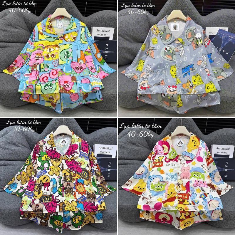 Bộ Đồ Ngủ Đùi Tay Lỡ Hoạt Hình Dễ Thương Pijama Siêu Xinh Chất Liệu Lụa Latin Thoải Mái Freesize 40-60kg