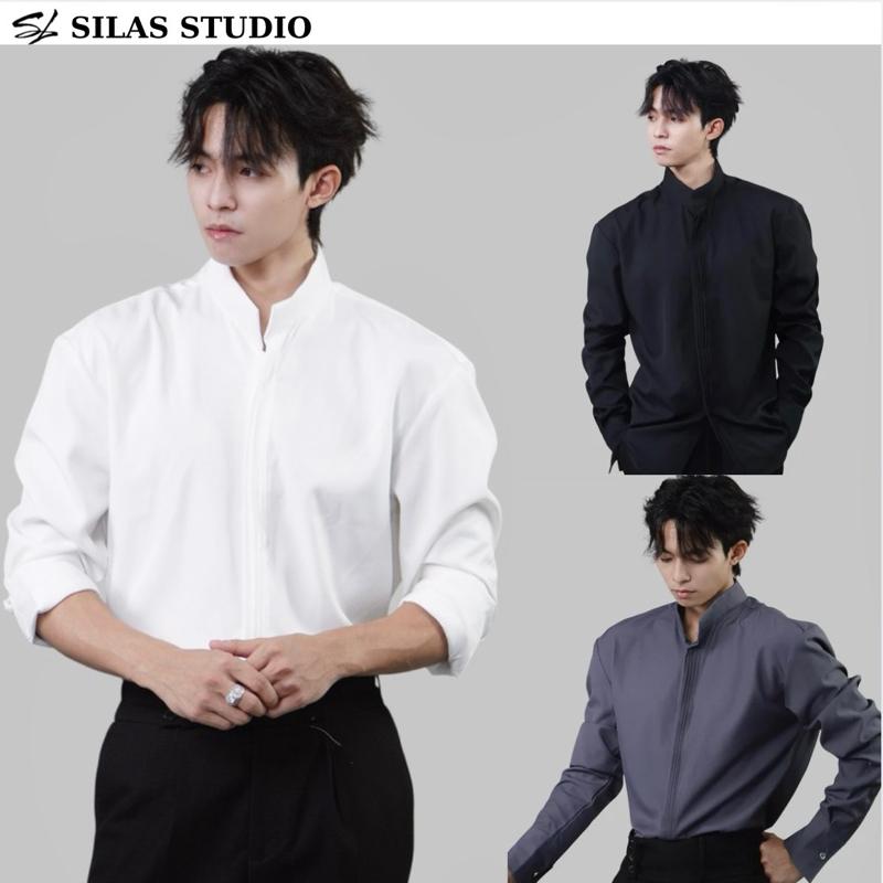 (New Item)(Form Tôn Vai) Áo Sơ mi Silas Xếp Ly Ngực Cổ Trụ Ver2 Cotton Chéo Form Rộng Menswear Chiết Eo Cổ Tàu