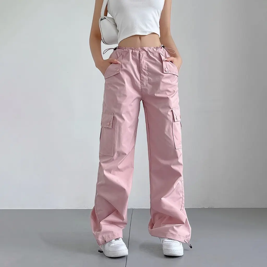 Celana Kargo  PINK - Celana kargo longgar berpinggang tinggi dengan tali serut- Celana Kargo Wanita Korea