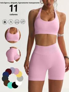 Conjunto de dos piezas para mujer con top deportivo corto de tejido acanalado y leggings de cintura alta, conjunto deportivo casual cómodo y transpirable para yoga, gimnasio, entrenamiento y correr, ropa deportiva para damas para todas las estaciones