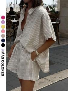 Conjunto casual de lino a rayas para mujer, camisa de corte holgado con botones frontales y shorts con cintura elástica, ideal para la playa en verano, conjunto de dos piezas