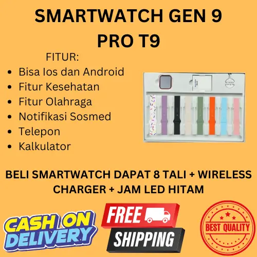 SMARTWATCH GEN 9 PRO T9 FREE 8 TALI + WIRELESS CHARGER + JAM LED HITAM BISA COD