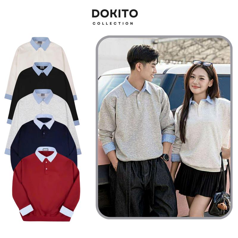  Áo Sweater dài tay phối sơ mi kẻ xanh nhạt liền thân. Áo Sweater nỉ 2 da nam nữ oversize Mensweater 