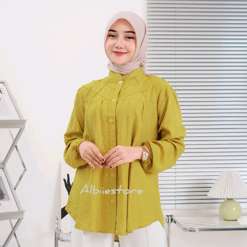 Kemeja Wanita LAURA Lengan Panjang Bahan Pololinen Baju Atasan Cewek Variasi Kancing Belakang 7