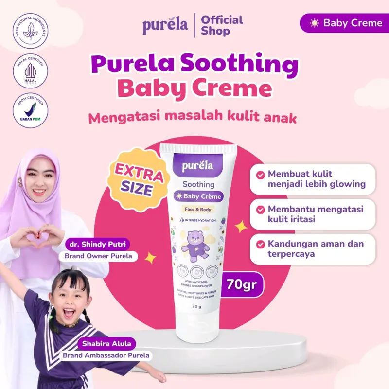 PURELA Soothing Baby Creme Face & Body (70gr) Perawatan Skincare Anak Wajah dan Badan | Krim untuk Mencerahkan, Mengatasi Ruam, gatal alergi, biang keringat, gatal kemerahan dan Permasalahan Kulit Bayi lain, BPOM & HALAL 5