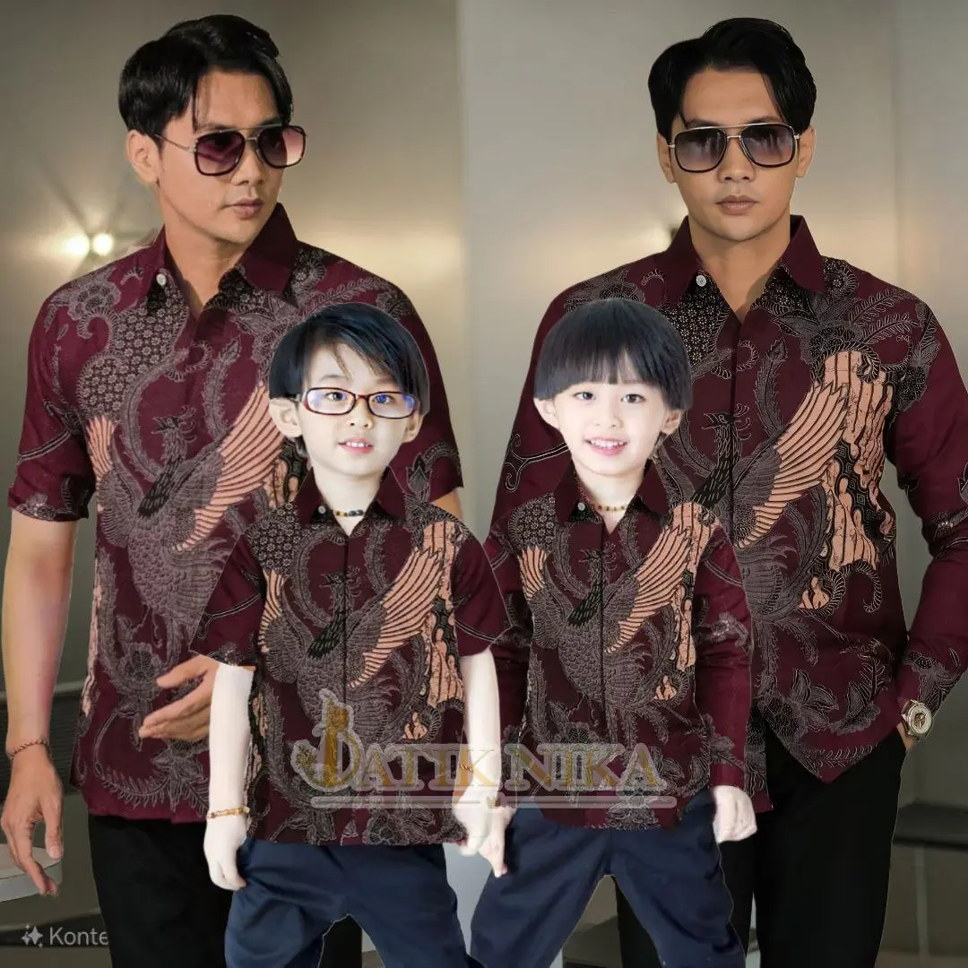 TERBARU BATIK LENGAN PANJANG DAN PENDEK KEMEJA PRIA DEWASA ANAK LAKI LAKI WARNA BURGUNDY MOTIF SOANG