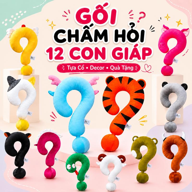 2u.lifestyle_Gối Tựa Đầu "?" 12 Con Giáp Mềm Mại, Thoải Mái, Thư Giãn Dùng Cho Tựa Cổ, Du Lịch, Decor, Quà Tặng Question Pillow