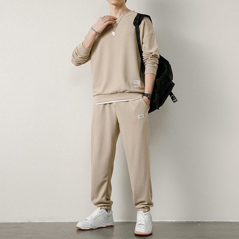 Product Introduction of Waffle Sweater Suit Loose Casual Autumn and Winter New round Neck Men's Long-Sleeved Trousers Teen Clothes 6
