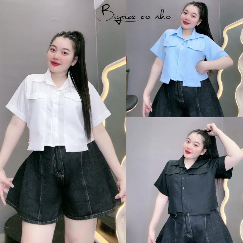  Áo Sơ Mi Dáng Croptop Túi Hộp Bigsize Nữ,Sơ Mi Tay Ngắn Big Size Vải Lụa Chéo Trơn Ít Nhắn SM162 Women 