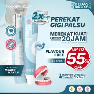 Hogident Krim Perekat Gigi Tiruan Flavour Free [50gr] Mencegah Bau Mulut Gusi Bengkak & Gigi Berlubang Kuat 20 Jam Bebas Zinc Halal