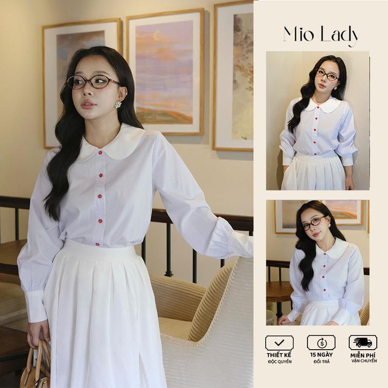 Áo sơ mi nữ kẻ sọc cổ sen, khuy đỏ, vải thô kate tay bồng nhẹ Mio Lady