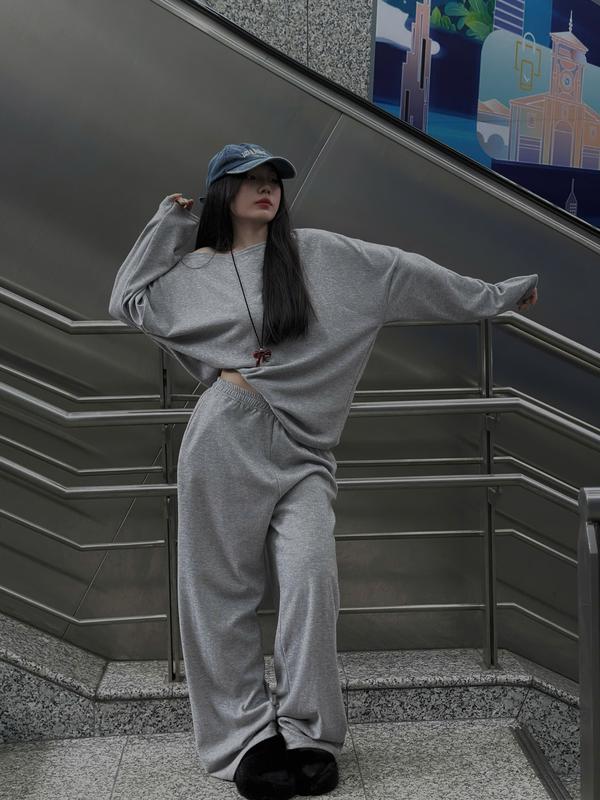 SUXING-Set Áo Lệch Vai Kèm Quần Ống Suông Chất Nỉ Lông Thỏ- S132