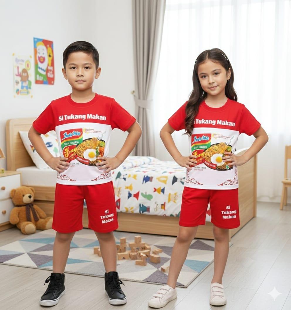 Setelan Anak Harian Viral Terbaru Limited Edition Motif Makanan Mie goreng dan gambar Minuman untuk Usia 1-10 Tahun Desain Unik Nyaman dan Senang Dipakai