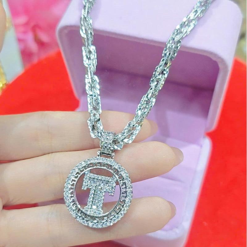  Dây chuyền xoắn vuông mặt chữ T tròn đính full đá sáng đẹp chất Tian xi kim hot 