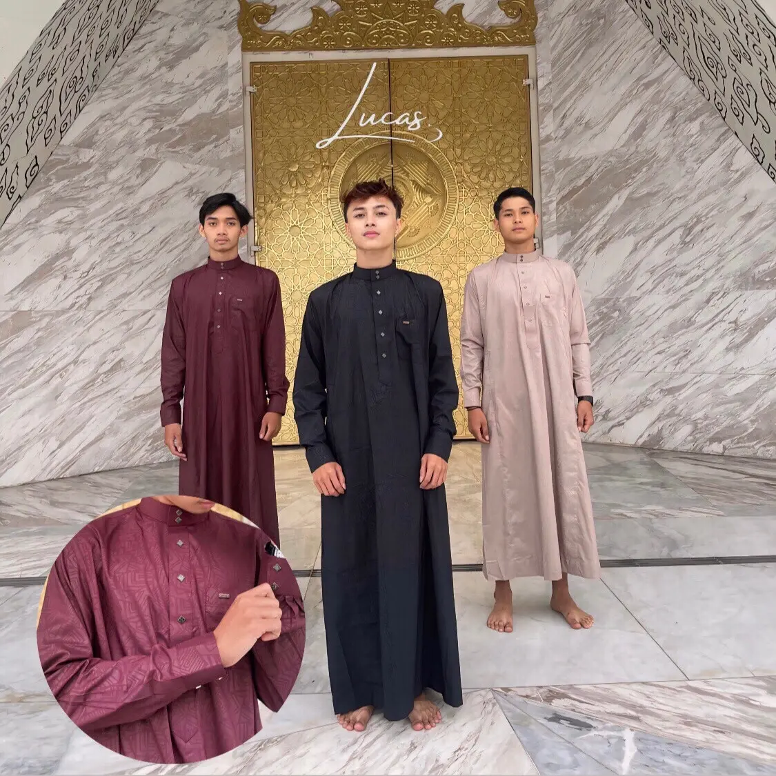 Jubah Lucas Embos Hitam Cream Maroon
