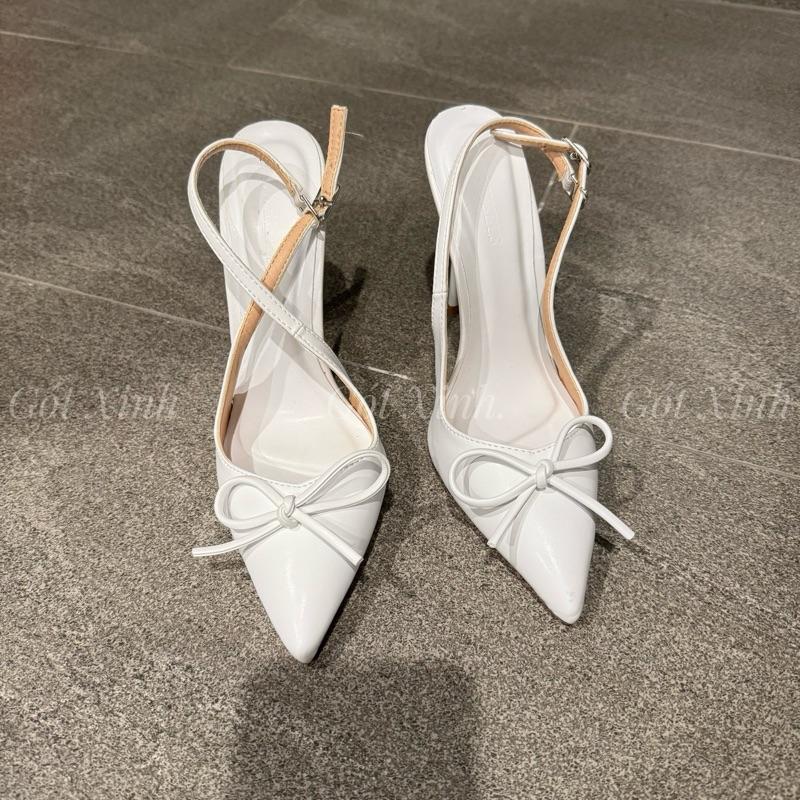 GÓT XINH - Giày cao gót bít mũi phối nơ xinh xắn hở gót sau màu trắng cao 7 9 10 11 12 phân (Thg) dép sandal