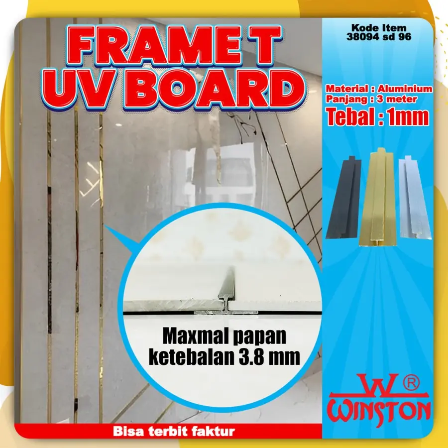 FRAME List Lis T Penutup Celah UV BOARD TEBAL 1MM T GOLD BLACK CROME PANJANG 3 METER