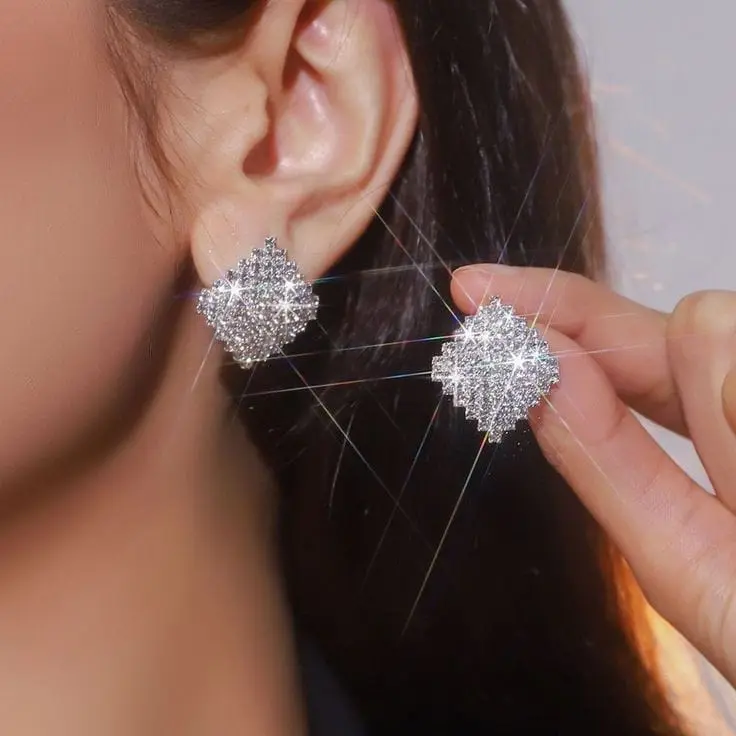Anting Tusuk Diamond Square - Anting Stud Diamond Kotak -  Anting Pesta Pernikahan 0