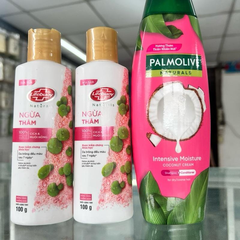 Combo 3 món gồm 1 dầu gội xả 2 trong 1 PALMOLIVE 180g +2 sữa tắm Lifebuoy muối Hồng ngừa thâm 100g