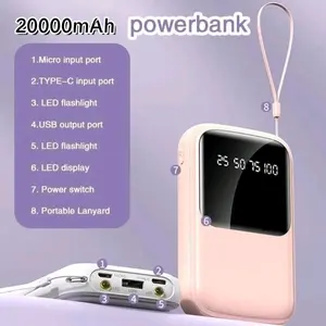 Powerbank 20000 mAh Mini Size With 4 Data Lines Dengan Tampilan Daya LED USB Fast Charging Ouput Portable Power Bank Built-in