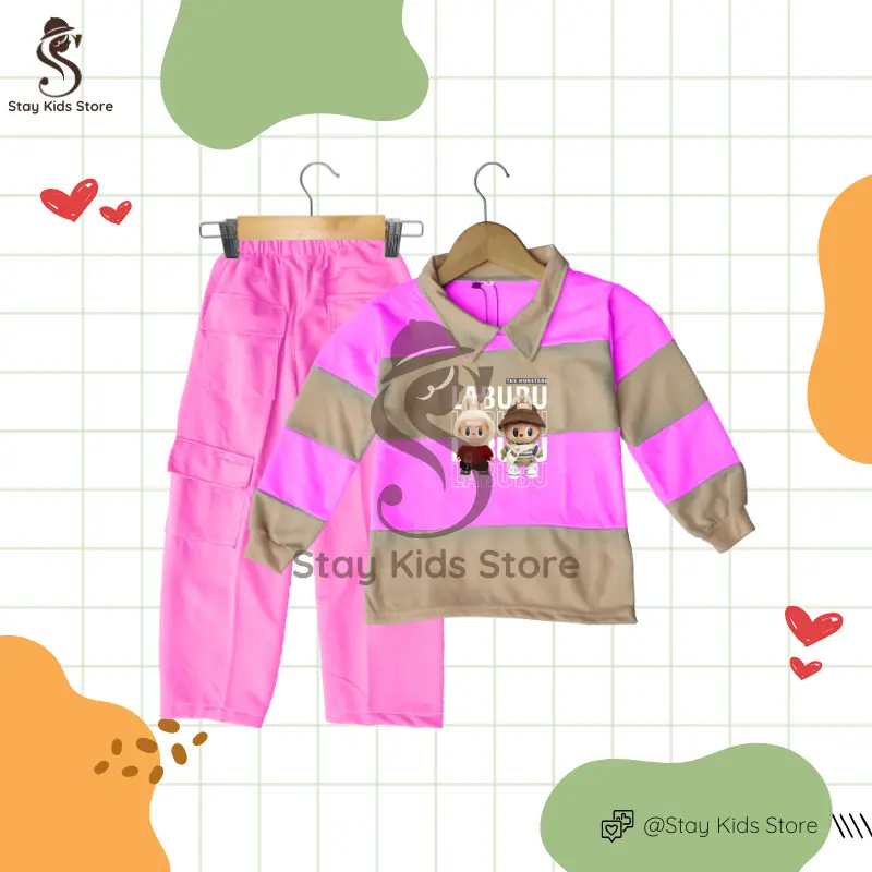 Baju Anak Labubu Perempuan | Setelan Anak Perempuan 2025 | setelan labubu anak perempuan | Celana Motif Kargo Fashionable | Pakaian perempuan setelan cargo anak one set | baju lucu anak motif belang|