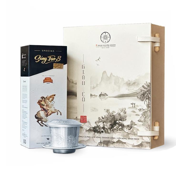  Trung Nguyên Legend Coffee Bộ Quà Tặng Cà Phê Cao Cấp Giàu Có Trung Nguyên Legend Cafe  gồm Cà phê rang xay Sáng Tạo 8 Phin nhôm hoa văn Trống Đồng và Hộp quà  