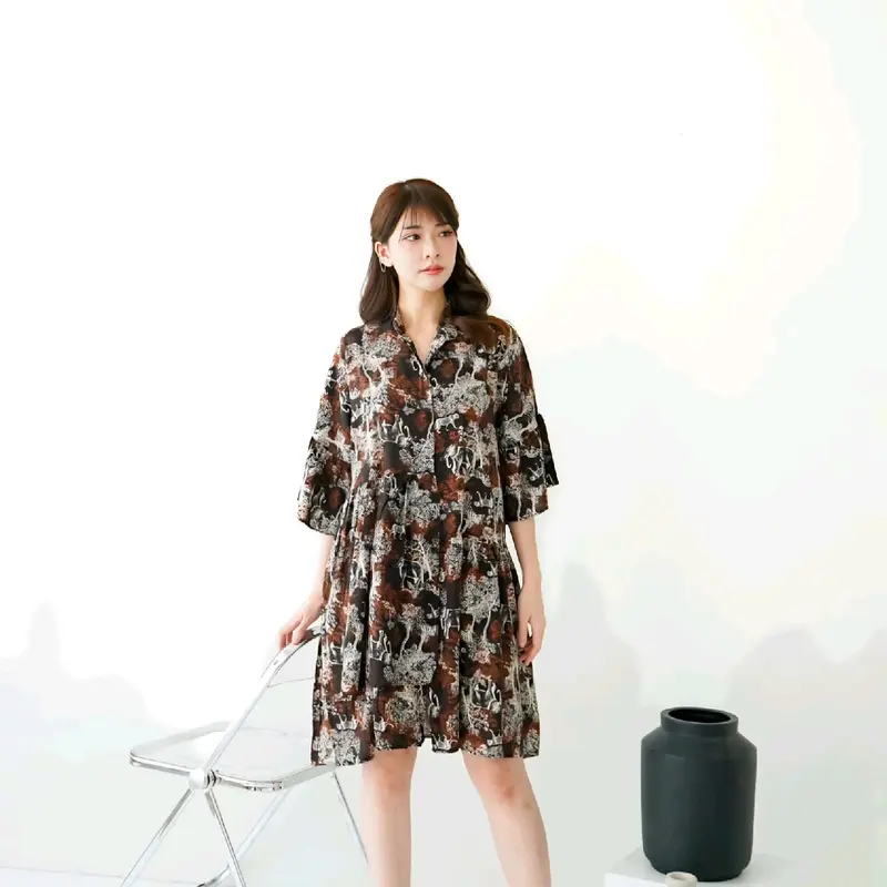 Dress Wanita Elegant Floral Rayon Dress Kekinian midi dress casual Ruffle Nyaman daster rayon premium วินเทจ biru Flowy Lembut 6