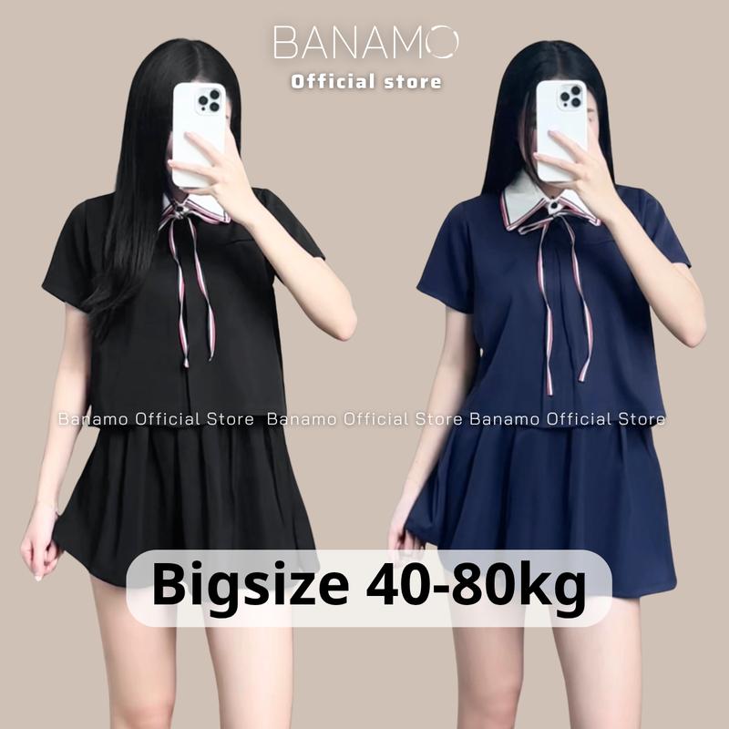 Set đồ Preppy nữ BIGSIZE Banamo Fashion áo cổ nơ học đường phối chân váy phong cách trẻ trung năng động 1008