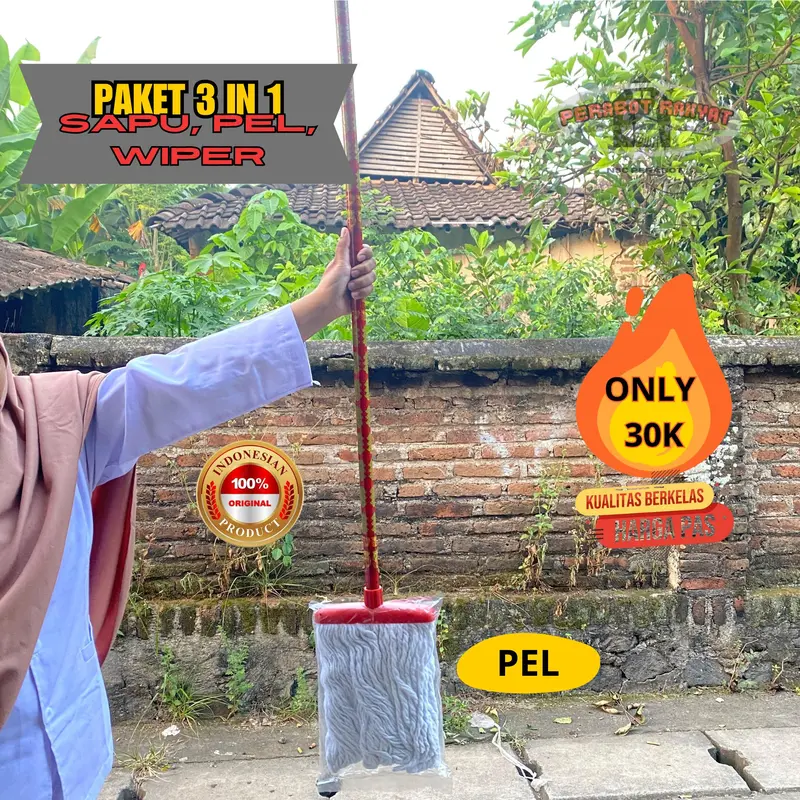 PAKET SAPU 3 IN 1 SAPU SENAR PEL & WIPER @3 ALAT BERSIH PLUS GAGANG PLASTIK serat nilon dengan gagang Lantai 5